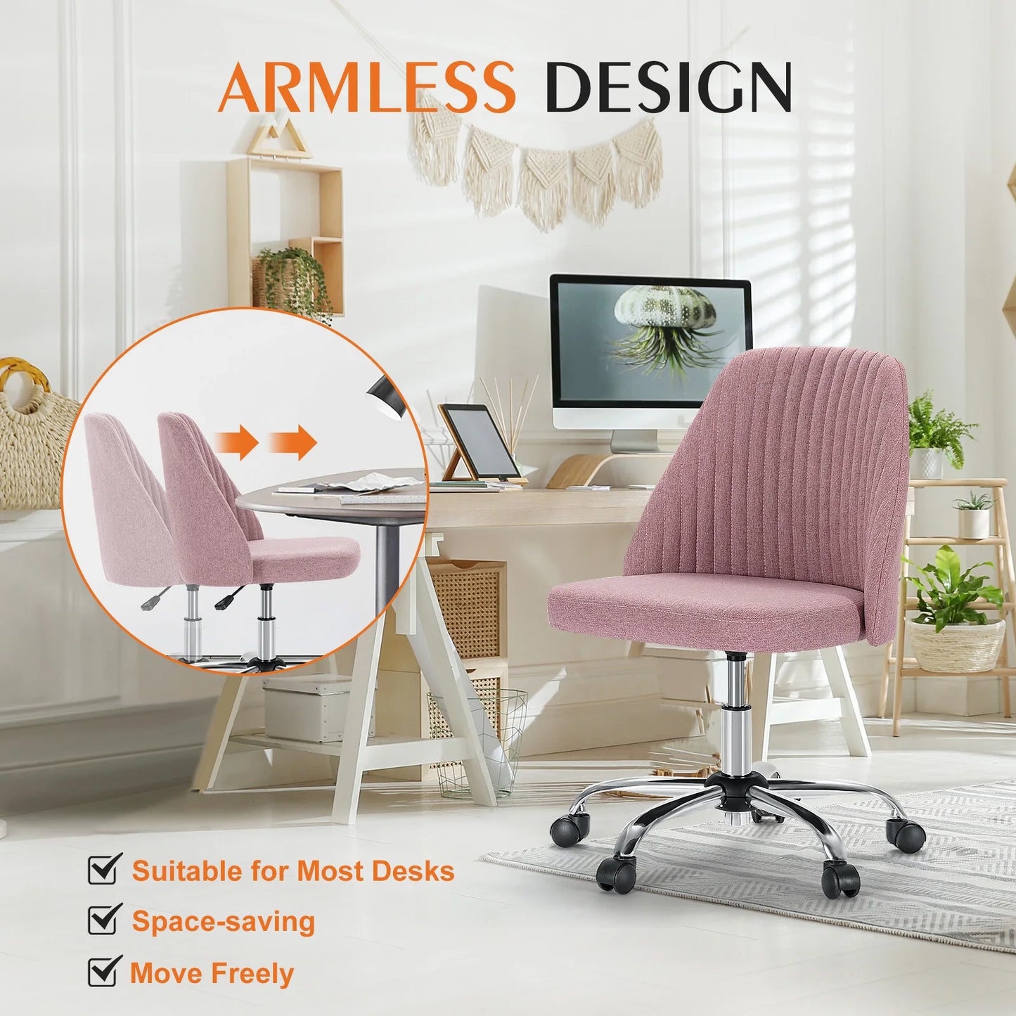 Small Armless Swivel Office Chair Modern Fabric Task Vanity Seat