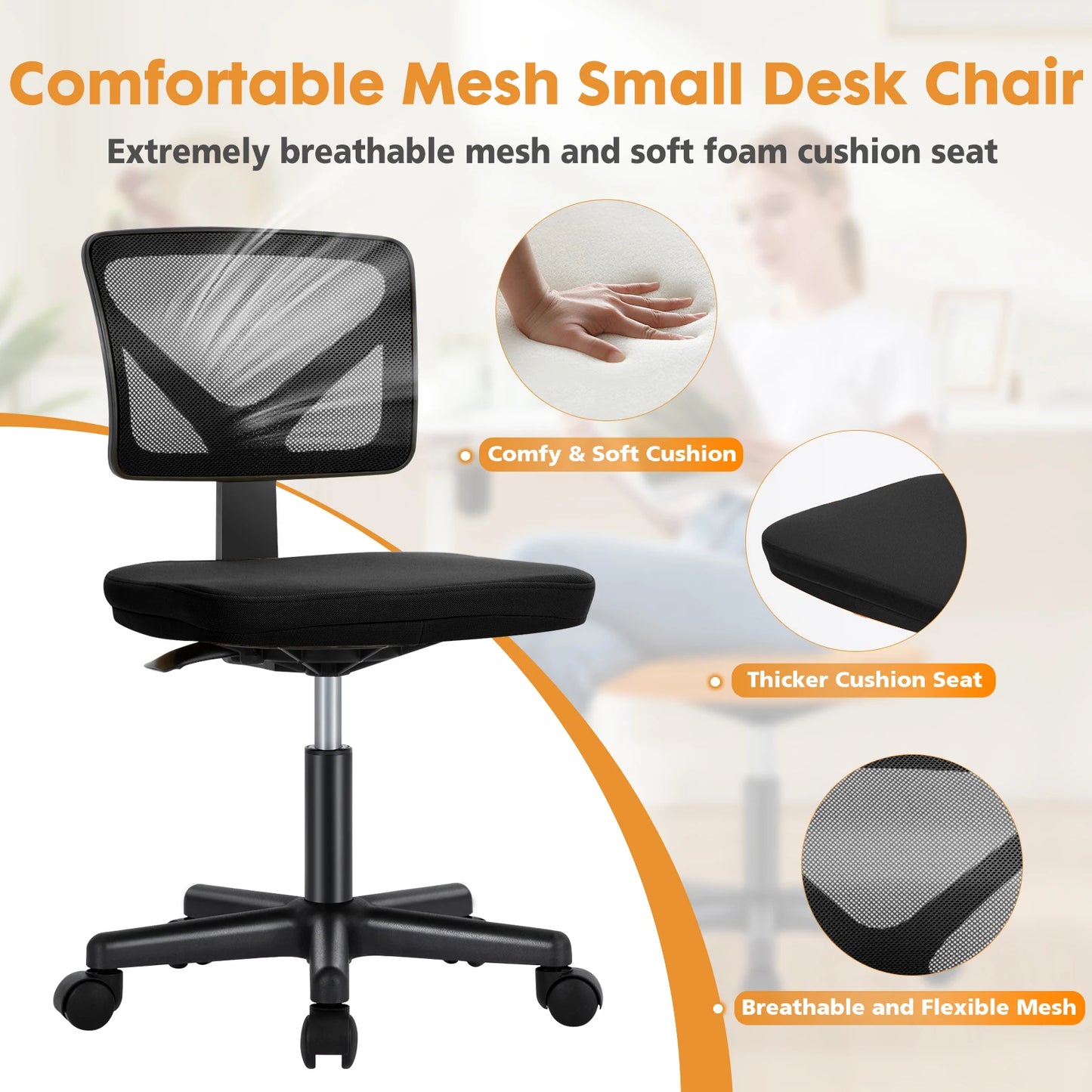 Ergonomic Armless Mesh Office Chair with Adjustable Lumbar Support