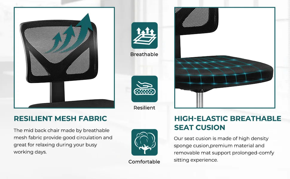 Ergonomic Armless Mesh Office Chair with Adjustable Lumbar Support