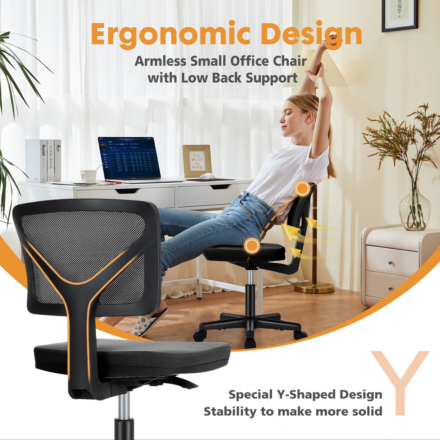 Ergonomic Armless Mesh Office Chair with Adjustable Lumbar Support
