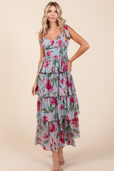 Floral Sweetheart Neck Maxi Dress with Elegant Layered Skirt