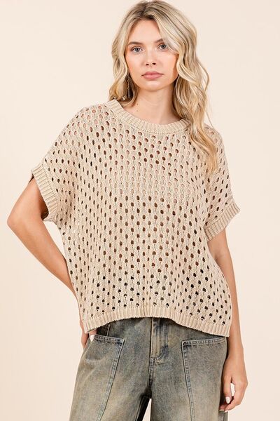 Vintage Wash Openwork Short Sleeve Knit Cover Up for Summer