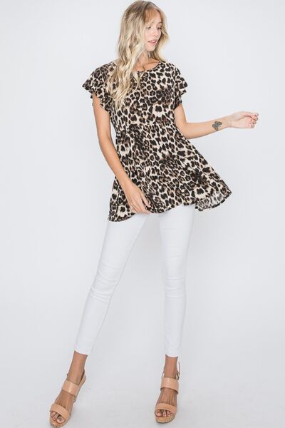 Leopard Print Round Neck Short Sleeve Blouse for a Bold Chic Look