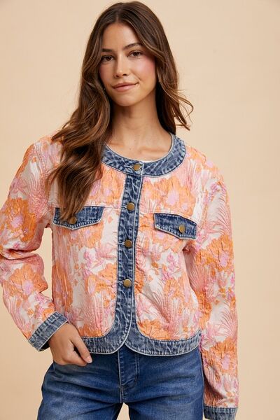 Elegant Floral Jacquard Denim Jacket with Button Down Design