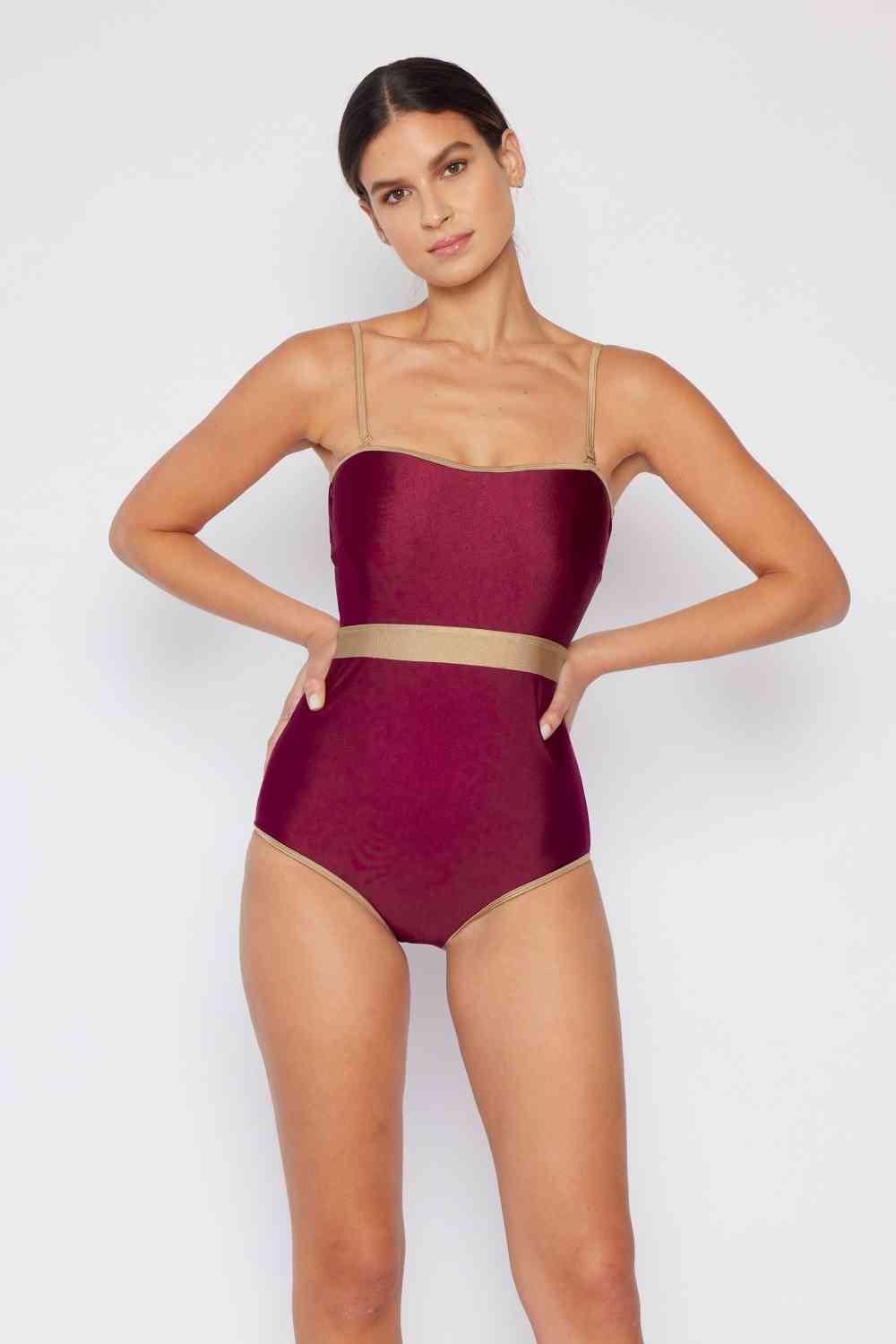 Chic One-Piece Swimsuit with Contrast Trim in Elegant Wine Color