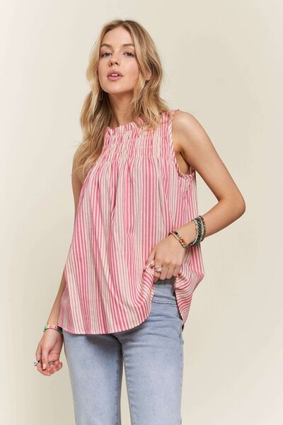 Contrast Striped Frill Round Neck Sleeveless Top for Stylish Look