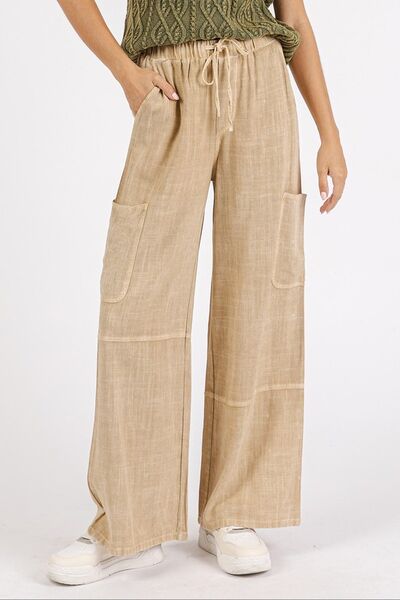 Vintage Mineral Wash Elastic Waist Cargo Pants with Pockets