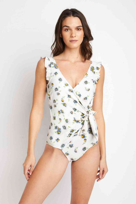 Ruffle Faux Wrap One-Piece Swimsuit in Daisy Cream