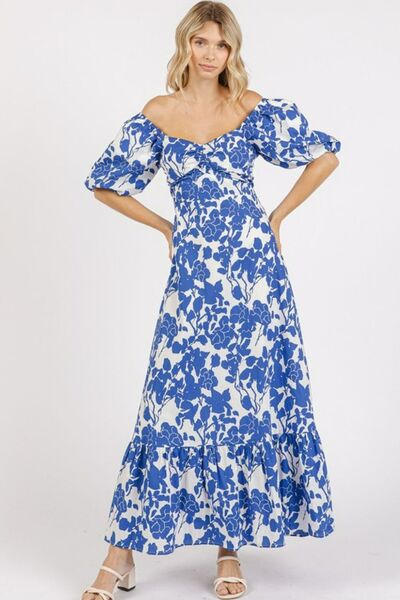 Floral Puff Sleeve Dress with Sweetheart Neck and Cutout Back