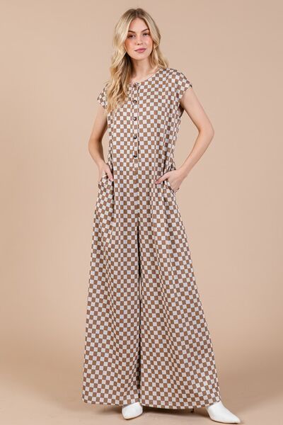 Checkered Cap Sleeve Jumpsuit with Half Button Design