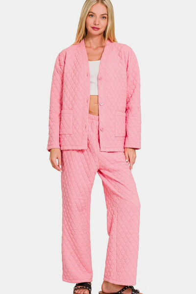 Quilted Button Up Lounge Set Long Sleeve Top and Pants