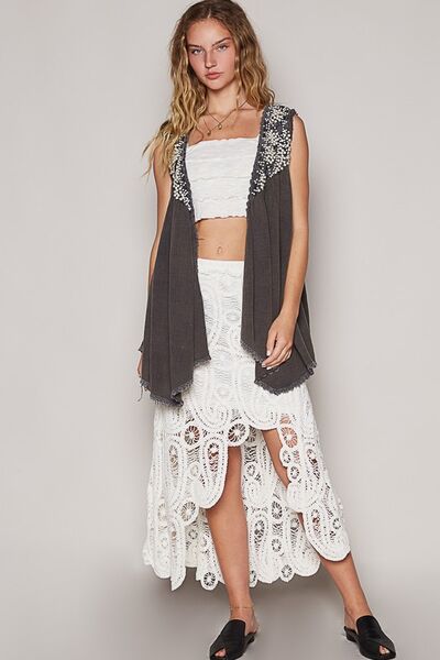 Delicate Lace and Pearl Detail Sleeveless Open Front Cardigan