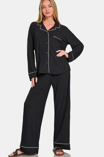 Button Down Long Sleeve Top and Pants Lounge Set for Ultimate Comfort