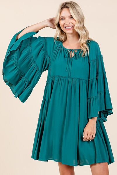 Tie Neck Bell Sleeve Dress with Frill Details for a Chic Look