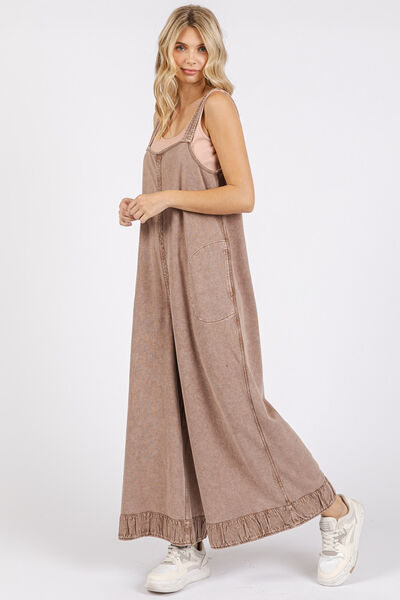 Wide Leg Overalls with Ruffled Hem and Pockets for a Chic Look