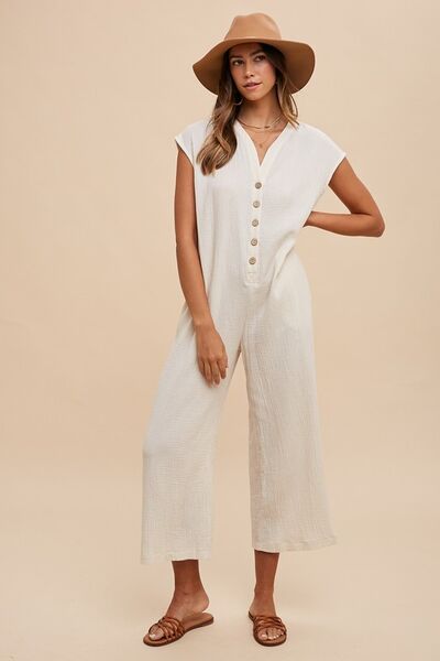 Button Detail Wide-Leg Jumpsuit with Pockets for Effortless Style