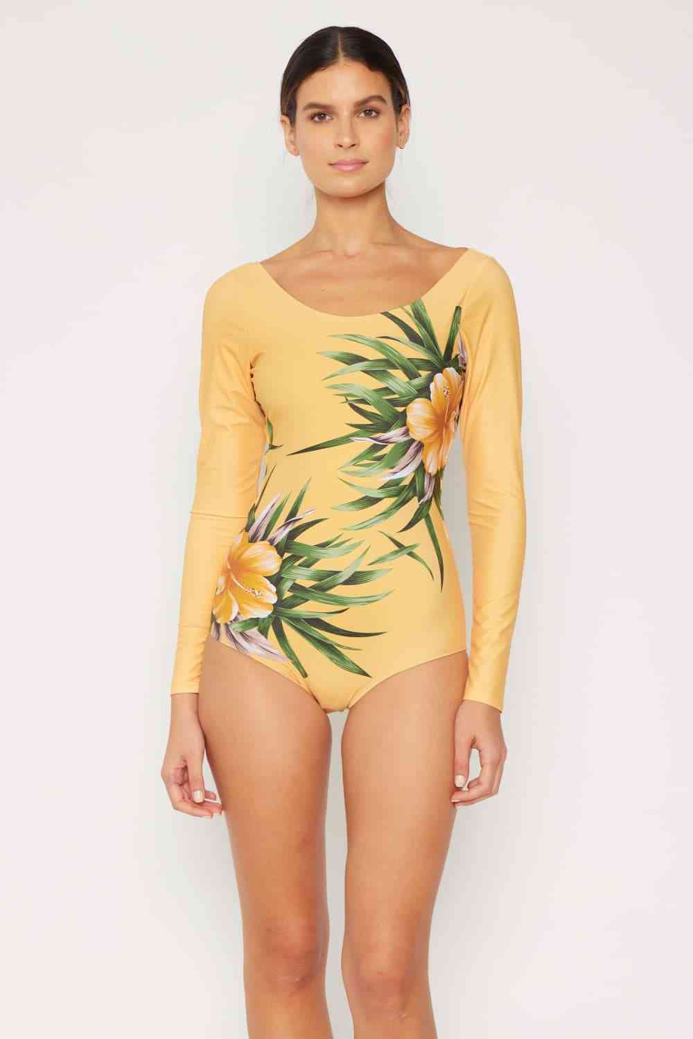 Cool Down Longsleeve One-Piece Swimsuit with Ruffle Faux Wrap Design