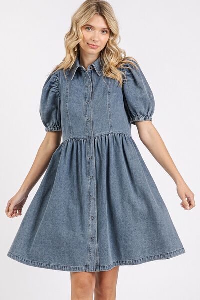 Puff Sleeve Denim Dress with Button Down Front for a Trendy Look