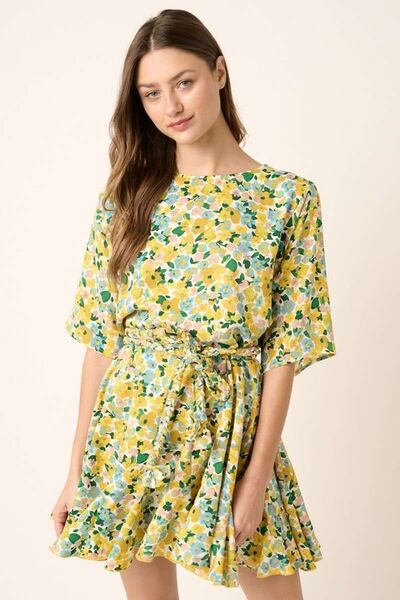 Floral Mini Dress with Tie Waist and Half Sleeves for Femininity