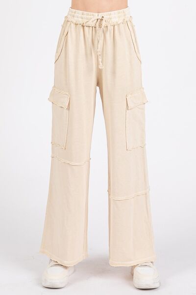 Mineral Wash Cargo Wide Leg Pants with Elastic Waist