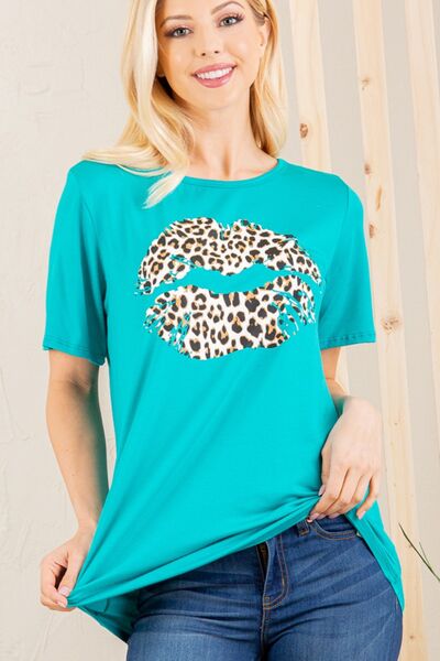 Leopard Lip Graphic Round Neck Short Sleeve T Shirt