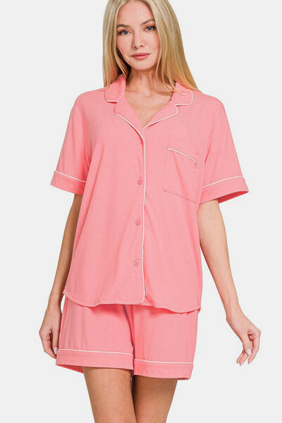 Button Down Short Sleeve Top and Shorts Lounge Set for Comfort