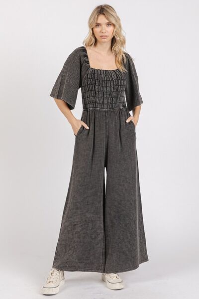 Vintage-Inspired Ruched Wide Leg Jumpsuit with Mineral Wash