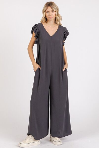 Ruffled Cap Sleeve V-Neck Wide Leg Jumpsuit for Effortless Style