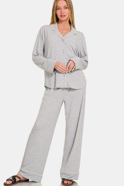 Cozy Button Down Long Sleeve Top and Pants Lounge Set