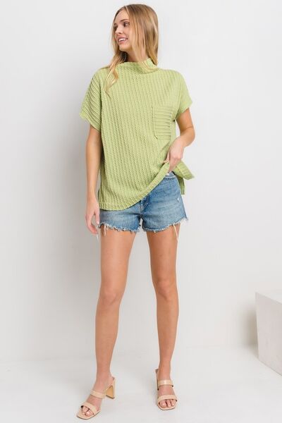 Stylish Mock Neck Short Sleeve Knit Top with Unique Texture