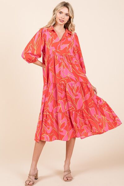 Printed Tiered Collared Neck Midi Dress for a Chic and Polished Look