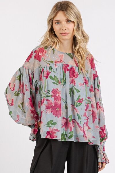 Floral Round Neck Blouse with Flounce Sleeves for Elegant Style